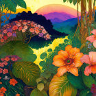 Sunset landscape with large flowers, sunlit lake, and lush hills