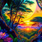 Tropical paradise illustration with lush foliage and sunset