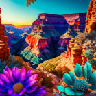 Colorful Stylized Canyon Landscape with Exaggerated Flora at Sunset