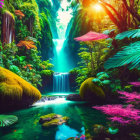 Tropical forest with waterfall, vibrant foliage, and sunlight piercing through canopy