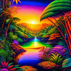 Colorful sunset landscape painting with river and trees