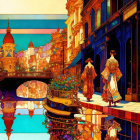 Colorful European Canal City Illustration with Strolling Figures