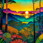 Colorful Stylized Landscape: Sunset Behind Layered Mountains