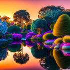 Surreal garden with shaped bushes, water reflection, vibrant sunset colors