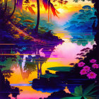 Colorful Jungle Sunset Artwork with Reflective Water