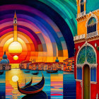 Colorful Venice-inspired architectural image with gondola and vibrant sky.