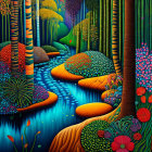 Colorful stylized forest illustration with bamboo and serpentine river