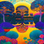 Colorful Psychedelic Landscape with Trees, Mushrooms, and Water Reflections