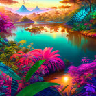 Colorful Tropical Landscape Digital Illustration with Sunset Reflections