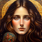 Stylized portrait of a woman with brown hair and golden halo