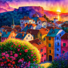 Colorful Houses in Sunset Glow with Flowers and Mountains