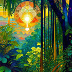 Colorful stained glass window featuring sun motif and forest scene