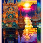 Colorful fantasy landscape with intricate towers and setting sun.