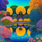 Colorful landscape painting with whimsical trees and serene water reflection