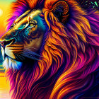 Colorful lion digital art with fiery mane in psychedelic sunset landscape