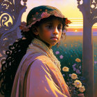 Child in Vintage Clothing by Gate at Sunset with Flowers