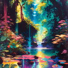 Colorful Jungle Illustration with Waterfalls and Reflective Pool