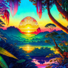 Colorful Tropical Sunset Digital Artwork with Lush Foliage