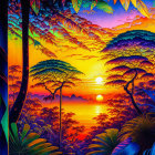 Colorful Jungle Sunset with Silhouette Trees