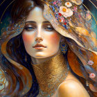 Fantasy portrait of woman with flowing hair and intricate golden patterns