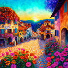 Colorful sunset village scene with cobblestone streets and bright flowers