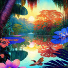 Colorful tropical sunset scene with still water, lush foliage, and bird in flight