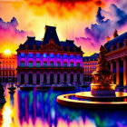 Vibrant purple-pink sunset over classic building with golden accents and statue reflection