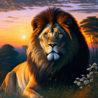 Majestic lion with vivid mane in artistic style against savannah sunset.