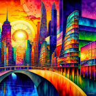 Colorful cityscape artwork with bridge, skyscrapers, and sunset sky.