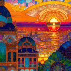 Colorful Stained Glass Style Illustration of Coastal Cityscape at Sunset