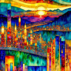 Colorful Abstract Artwork of Sun, Buildings, and Bridge in Vibrant Landscape