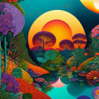 Fantastical landscape with luminescent trees and multiple suns