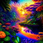 Lush Jungle Scene with Colorful Vegetation and Tranquil River