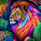 Colorful mane lion in lush jungle with hidden tiger