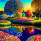 Colorful Landscape Painting: Trees, Lake, Flowers, House at Twilight