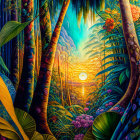 Lush Jungle Landscape with Rich Colors and Glowing Sunset