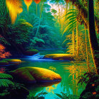 Lush jungle digital art: tranquil stream, sunlight through foliage