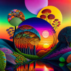 Fantasy landscape digital artwork with colorful trees and dual suns