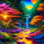 Colorful Fantasy Landscape with Waterfalls, River, and Sunset Sky