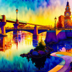 Scenic sunset painting with river reflections and bridge silhouette