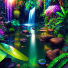 Enchanting Nocturnal Garden with Waterfall and Exotic Flora