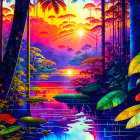 Vibrant Tropical Rainforest Sunset Scene with River and Lush Vegetation