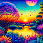 Vibrant fantasy landscape with fluorescent plants, sunset, butterflies, and surreal sky