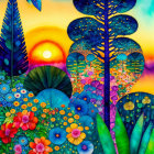 Whimsical garden digital art with stylized flora at sunset