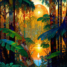 Vibrant jungle illustration with lush foliage and dual sunsets