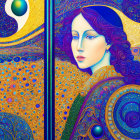 Colorful artwork featuring woman with peacock feather-inspired designs