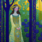 Stylized artwork of woman in yellow dress among blue trees under starry sky