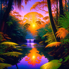 Colorful Tropical Rainforest Sunset with Flora, Waterfall & Pond