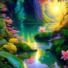 Lush forest scene with radiant sunlight and tranquil river