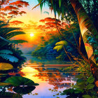 Colorful tropical sunset with lush foliage, water lilies, orange flowers, and serene river.